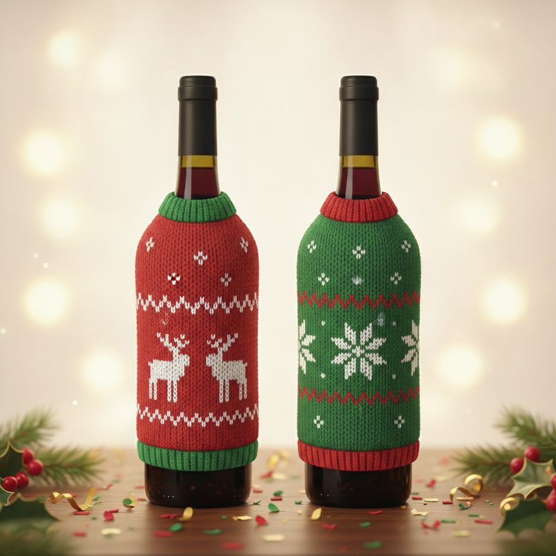 Representative wine bottles wearing tiny knitted holiday sweaters on a party table