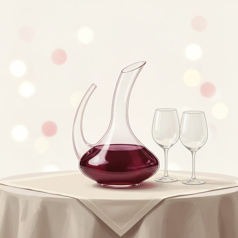 Representative curved glass wine decanter on a dinner table