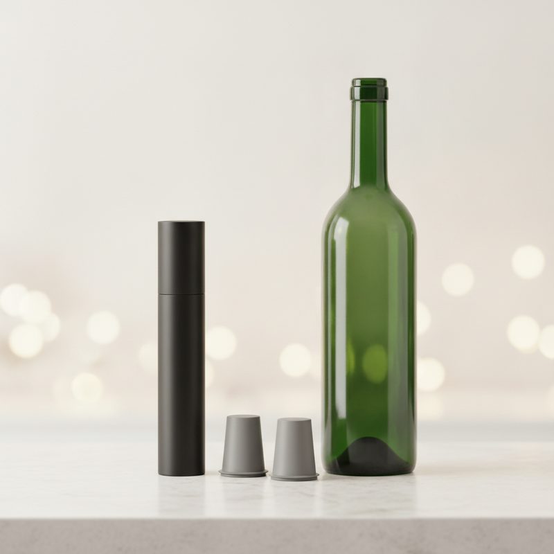 Representative vacuum pump with bottle stoppers beside a corked wine bottle
