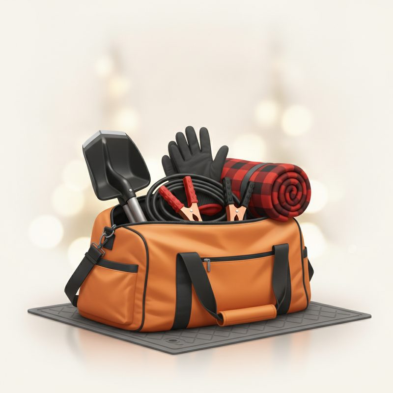 Representative winter car emergency kit bag with jumper cables and folding shovel in a trunk