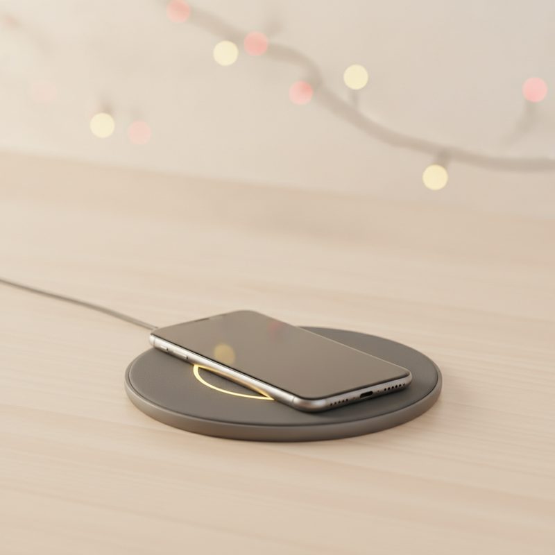 Representative slim wireless charging pad with a phone resting on top