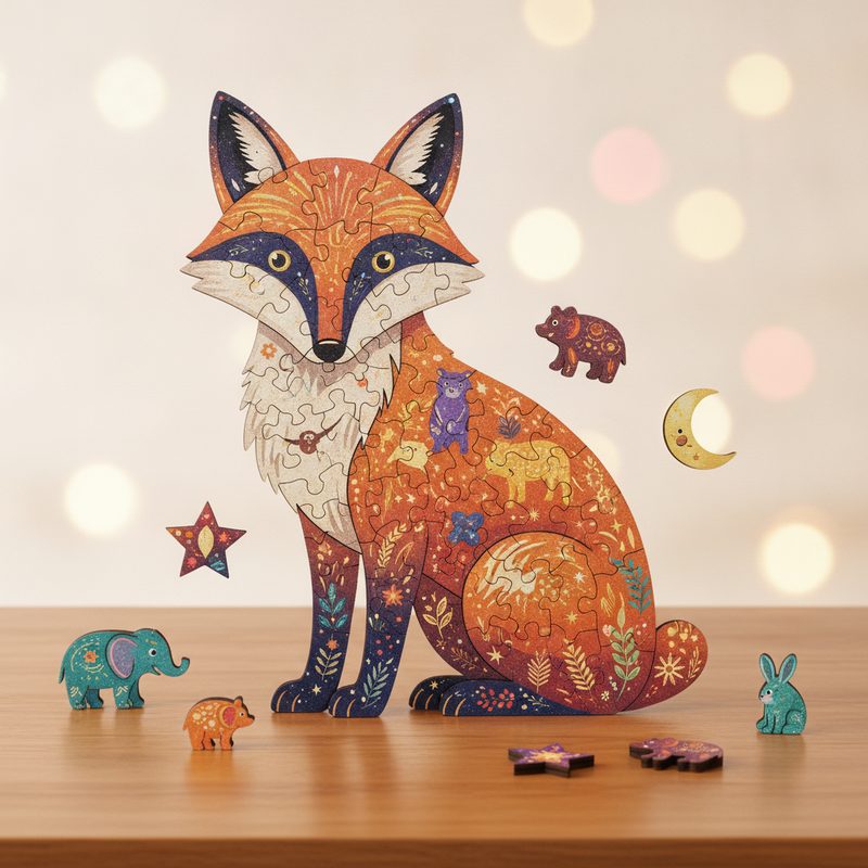Representative wooden jigsaw puzzle shaped like an animal with irregular colourful pieces