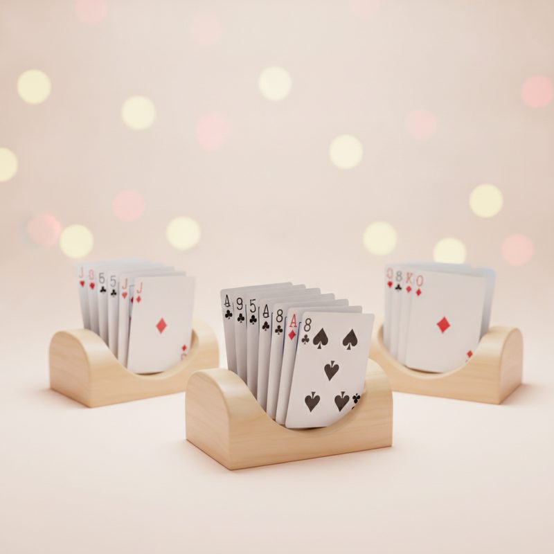 Representative wooden card holder racks displaying fanned playing cards on a table