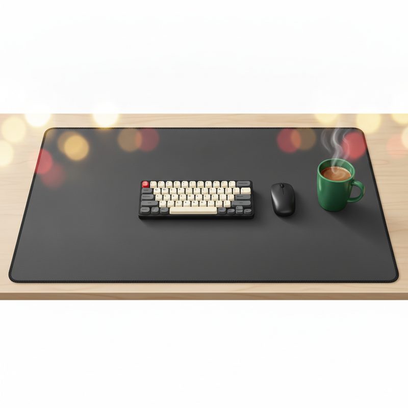 Representative extended desk mat under a keyboard and mouse on a wooden desk