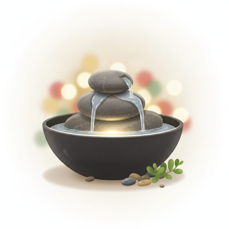 Representative small tabletop water fountain with stacked stones and soft lighting